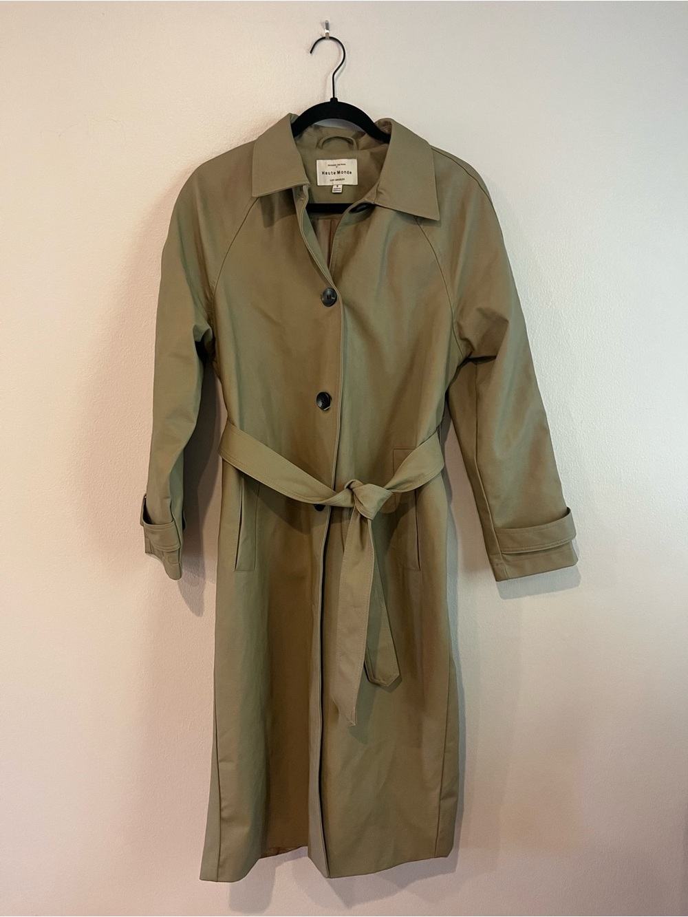 Haute Monde Vegan Leather Trench Coat Olive Khaki Belted Size S